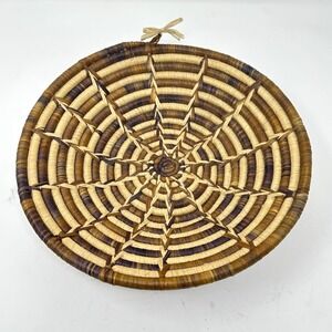 Hand Woven Coiled Grass Basket Bowl 12.5" Brown Tan Geometric Spiderweb Boho